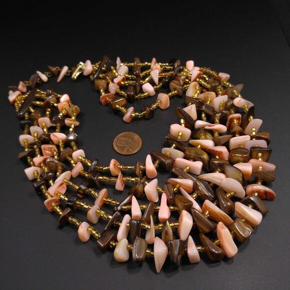 Vintage Japan 5 Strand Shell Glass Beads Necklace, 1950s, 17" - Picture 4 of 10